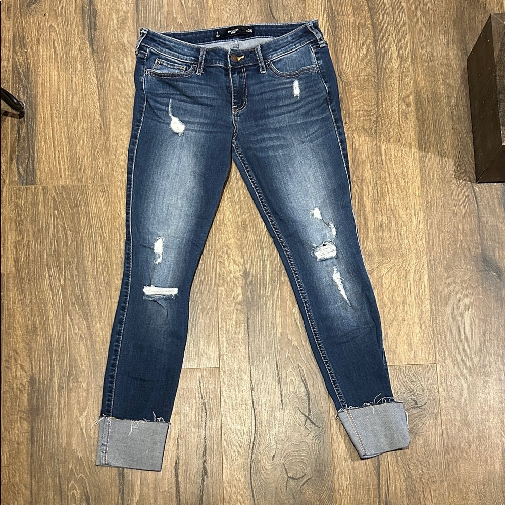 Hollister | Dark Wash Crop Cuffed Distressed Jeans